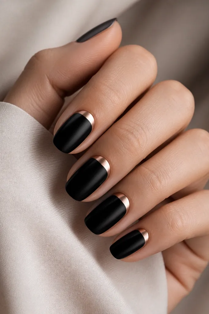 A black full nail with a clean rose-gold half-moon at the cuticle area. The half-moon is centered and sharply defined.