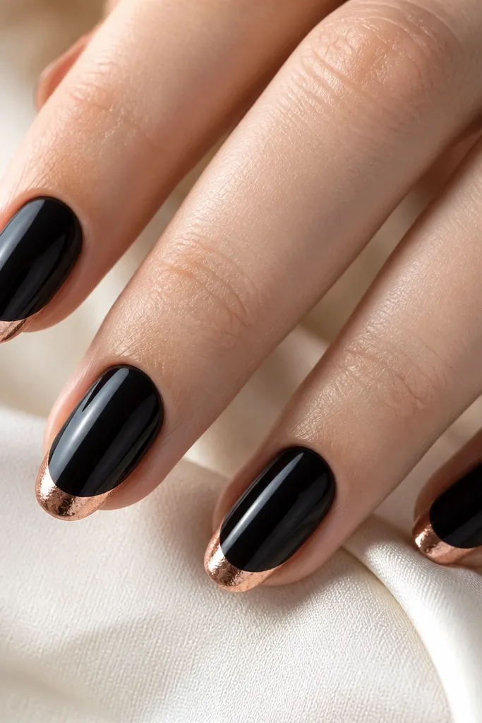 Black nails with a French tip made from rose-gold foil. The French line is curved and crisp, with foil texture showing in the metallic band.