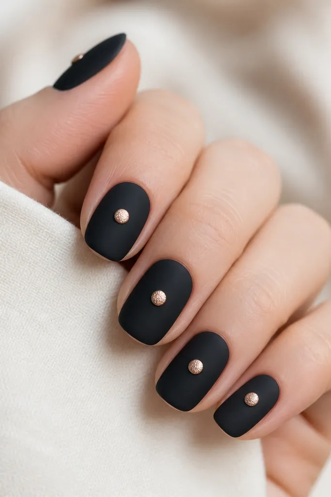 Matte black nails with a single rose-gold dot near the center of each nail, like a small charm. The dot looks slightly raised and velvety, not flat chrome.