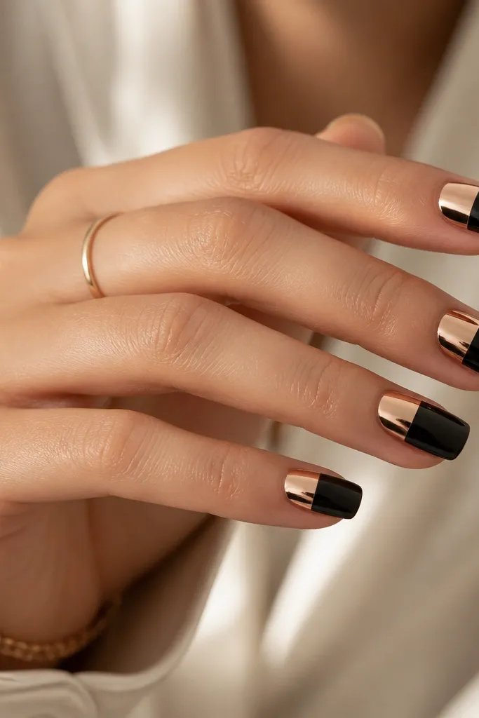 Bottom half of each nail is solid black. The top half has a rose-gold chrome finish with a clean horizontal boundary line.