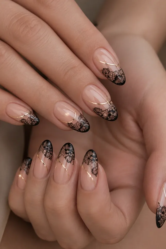 A nude base with black lace pattern on the tips. Thin rose-gold lines run through the lace like thread, with small sparkle points at the ends.