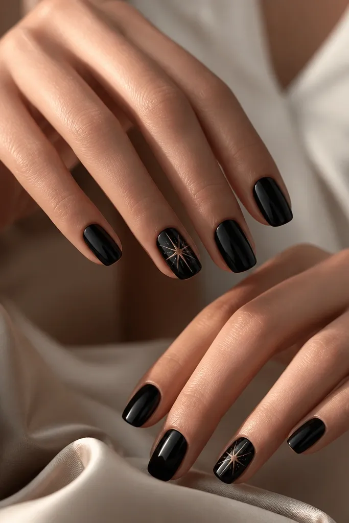 Mostly black nails with one accent nail per hand. The accent nail has a rose-gold starburst in the center, with thin metallic rays spreading outward.
