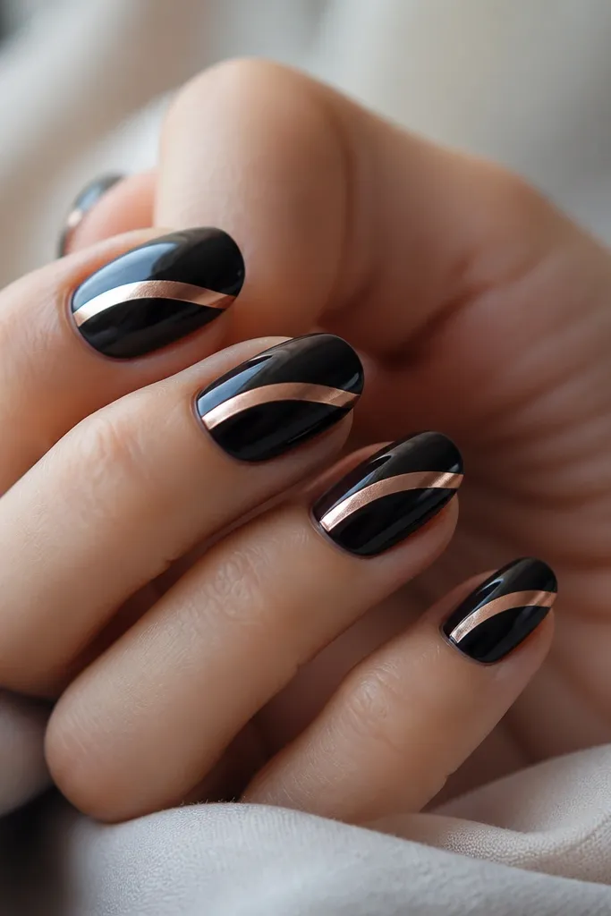 Black nails with a rose-gold metallic stripe that curves like a glossy ring around the middle. The stripe looks smooth and glazed, not glittery.