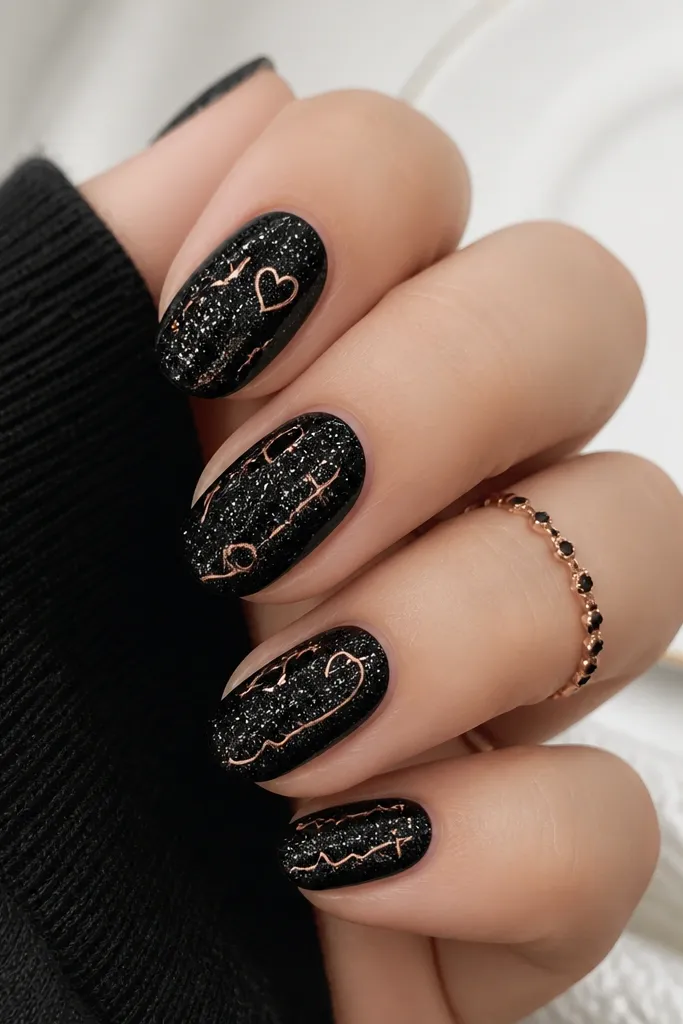 Black glitter nails with simple rose-gold doodles like tiny hearts and lines. The outlines are thin and metallic, scattered across the nails.
