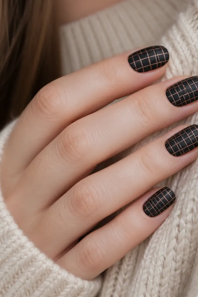 Matte black nails with a rose-gold lattice grid. The lines form small squares near the center and stay thin and uniform.