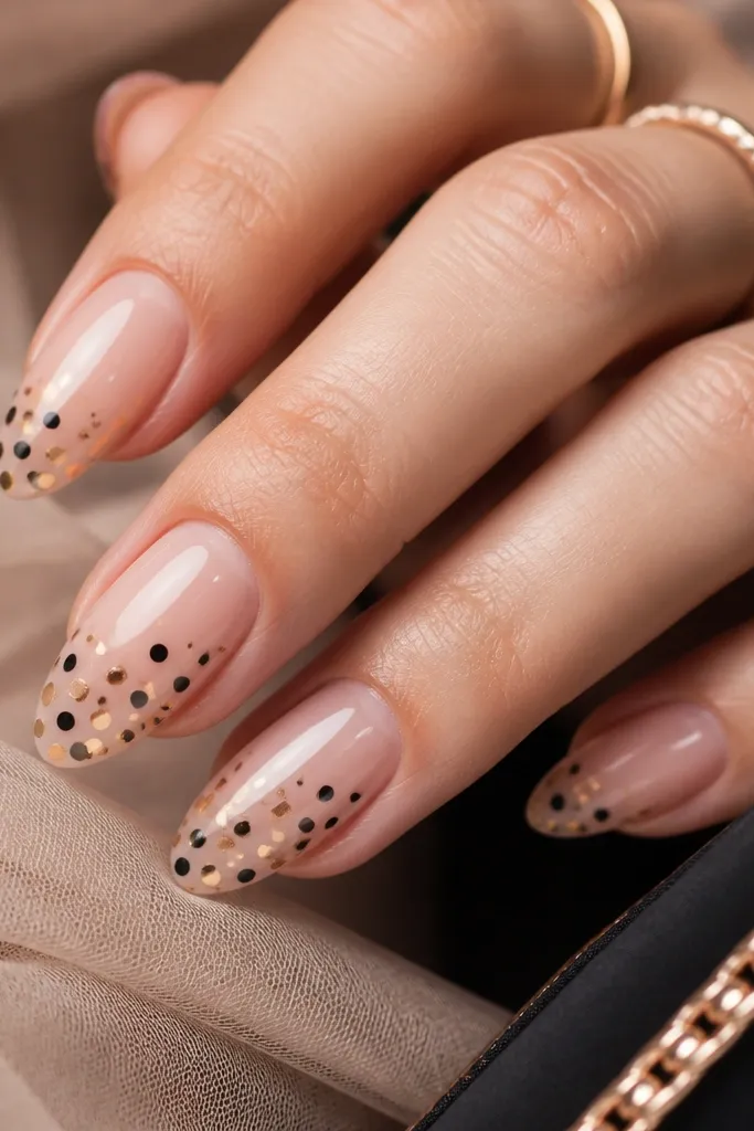Nude base nails with scattered black dots and a few rose-gold dots in a confetti pattern. The dots are small, evenly spaced, and the nails look glossy and playful.