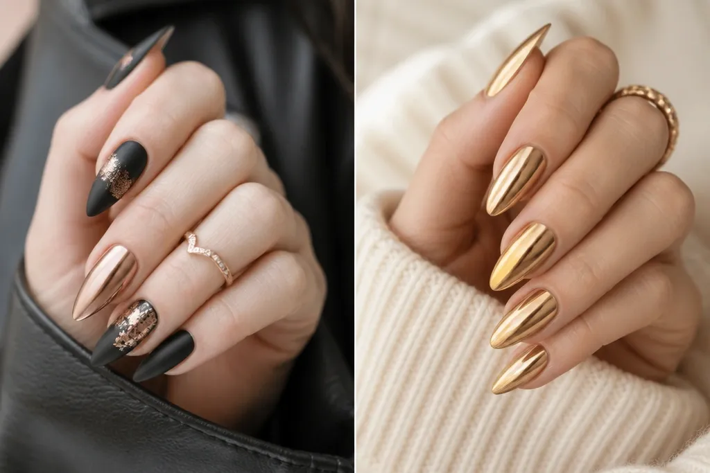 Black And Rose Gold Vs Gold Nail Look