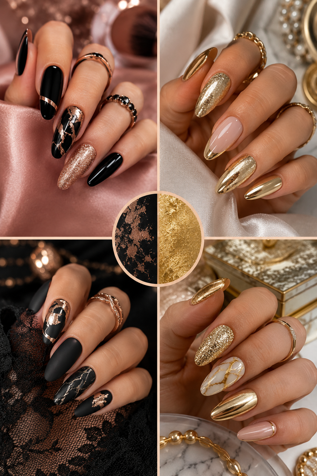Black And Rose Gold Vs Gold Nail Look