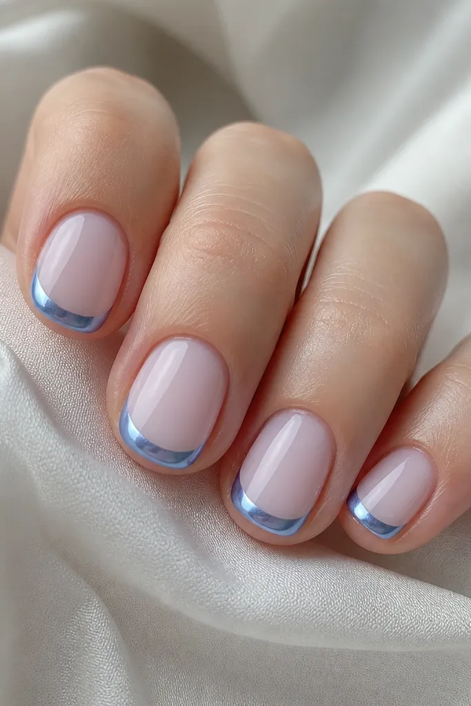 Short round nails with a periwinkle blue French tip. The blue is mirror chrome and reflects a cool white shimmer. The base is opaque milky pink, and the tips have a soft curved smile line.