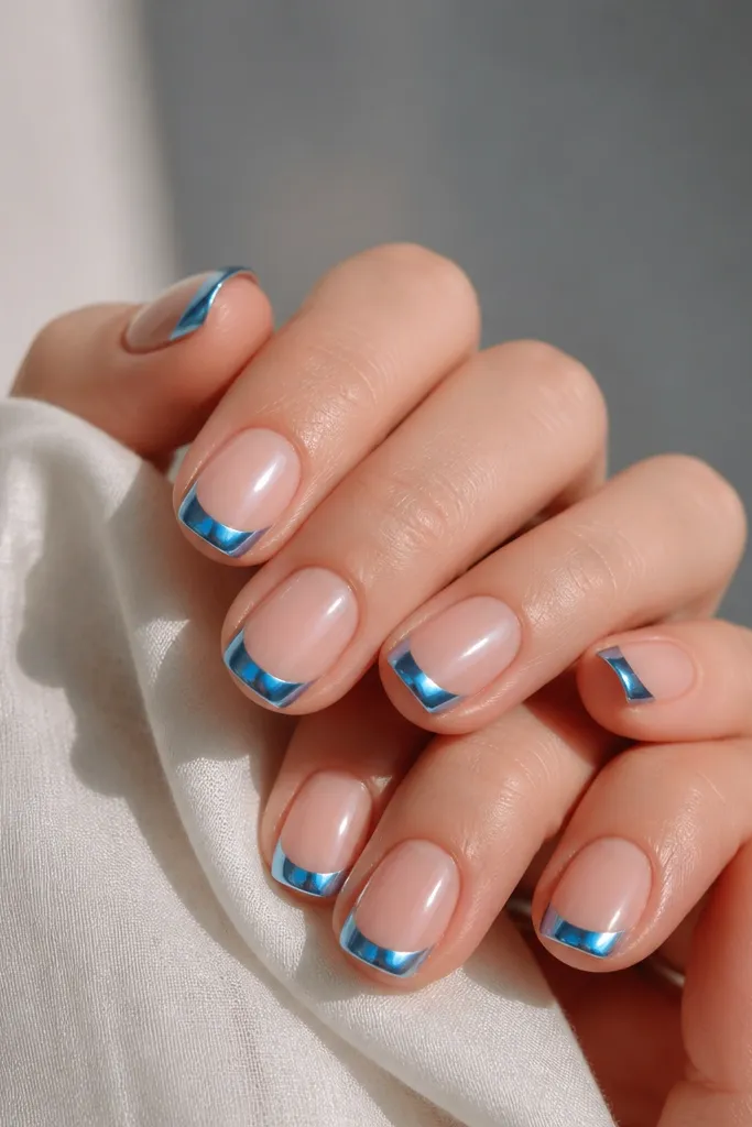 Short squoval nails with a nude jelly base that looks slightly transparent. The French tips are blue chrome with a mirror finish. The blue line is medium width and has a clean curve.