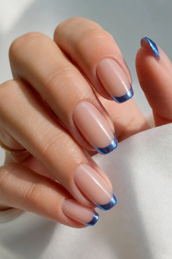 Blue Chrome French Tip Nails for Year Round