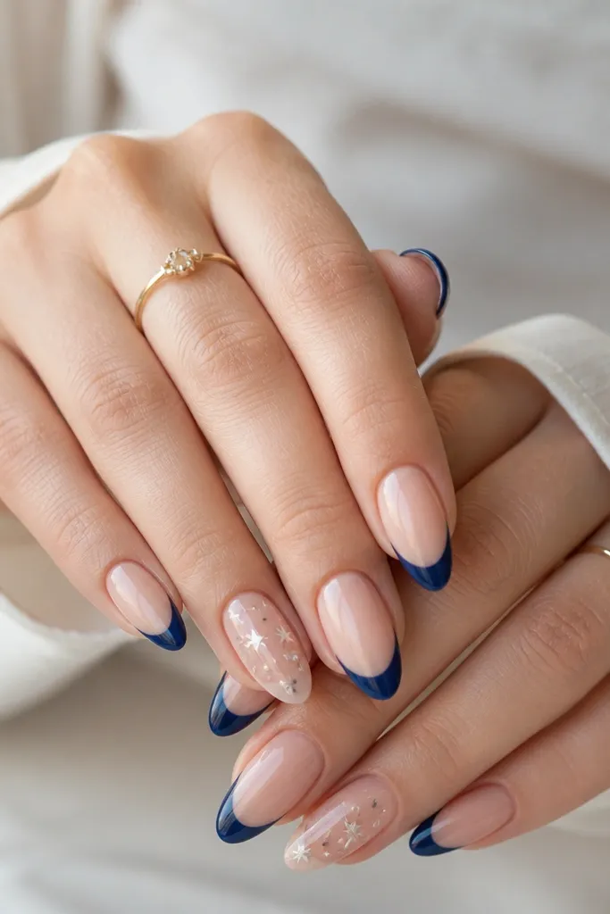 Almond nails with nude base; midnight blue French tips; on ring fingers there are tiny star decals or hand-painted stars in white and silver; glossy finish.