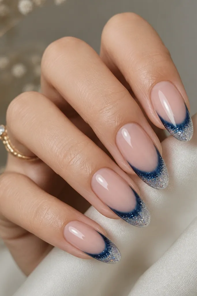 Almond nails with nude base; midnight blue French tips that fade into a soft opal glitter at the very tip; glossy finish.