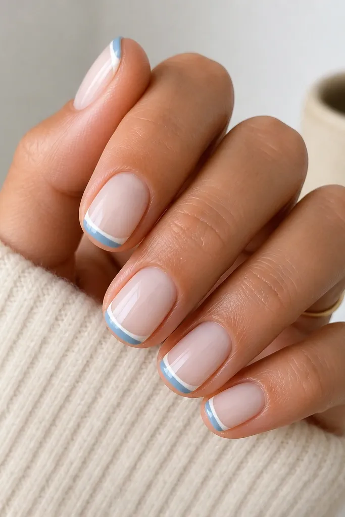 Short squoval nails with a sheer milky nude base. The French tips are tiny and crisp in cornflower blue, with a thin white line just under the blue edge on each nail.