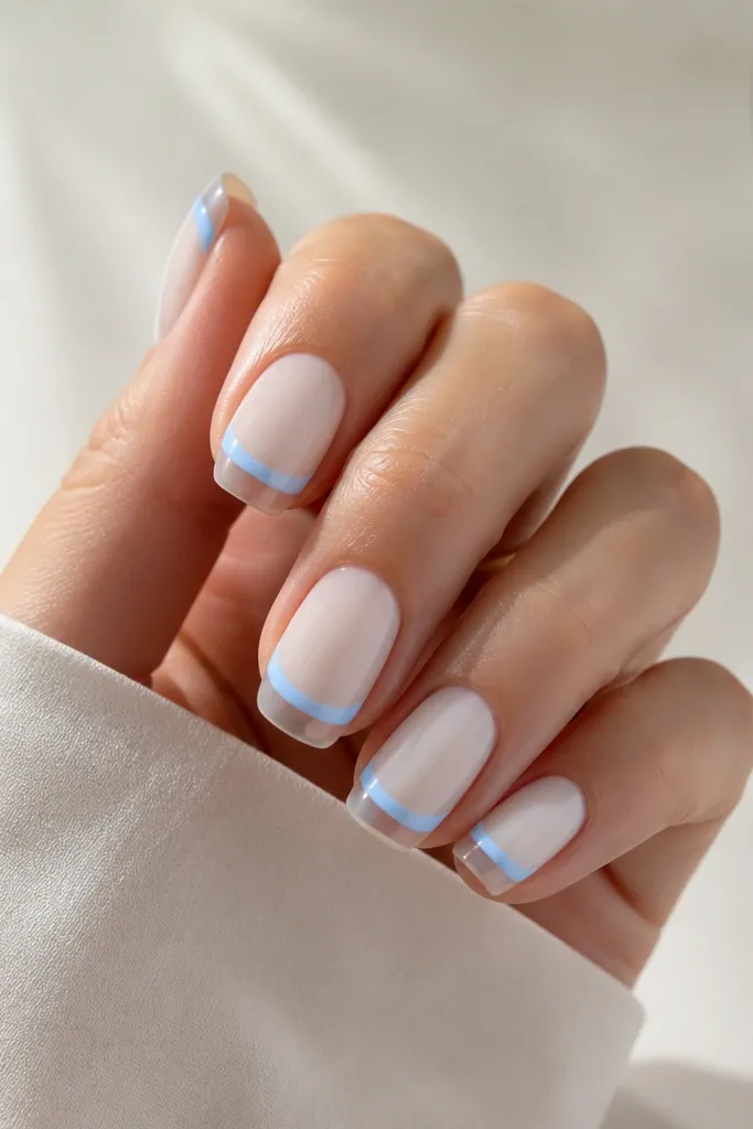Medium-short nails with a milky white base. Only the upper half of the tip has a sky-blue arc, leaving the lower tip area natural and unpainted.