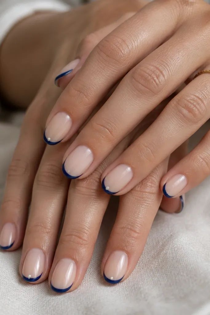 Short almond nails with a sheer nude base. Navy micro French tips are narrow and crisp. On ring fingers, there is a single tiny white dot near the outer edge of the blue tip.