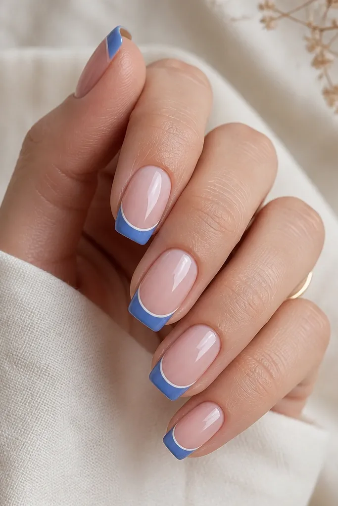 Squoval nails with sheer pink base. The French tip is medium cornflower blue. A thin white line sits just below the smile line, creating a shadow effect.