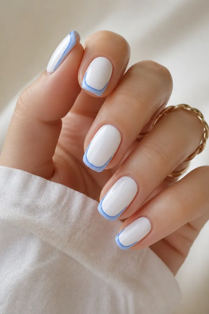 Medium-short nails with an opaque white base. The French tip looks like a U-shape outline in cornflower blue, leaving a white interior gap.