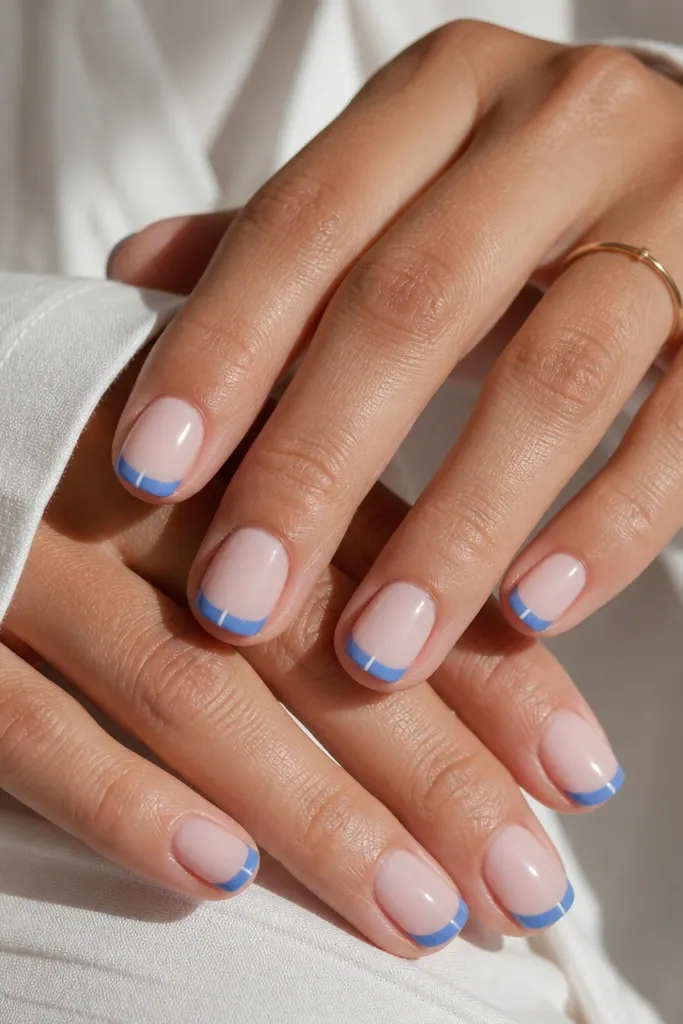 Short square nails with a sheer nude base. Cornflower blue French tips are narrow. Two micro white lines sit at the outer corners of each blue tip.