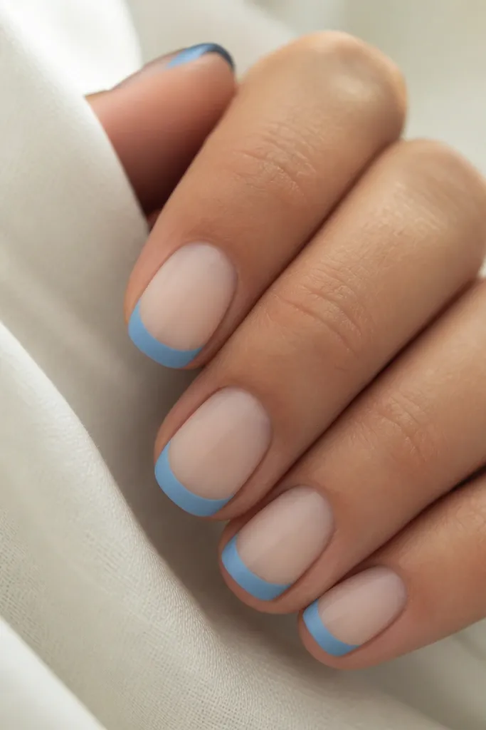 Short squoval nails with milky nude base. The French tips are sky-blue but finished satin, not glossy, creating a soft velvety look.