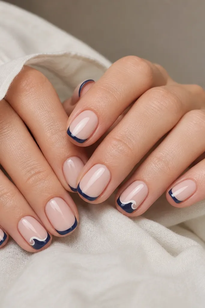 Short squoval nails with sheer nude base and narrow navy French tips. On ring fingers, the white line under the tip turns into tiny wave shapes.