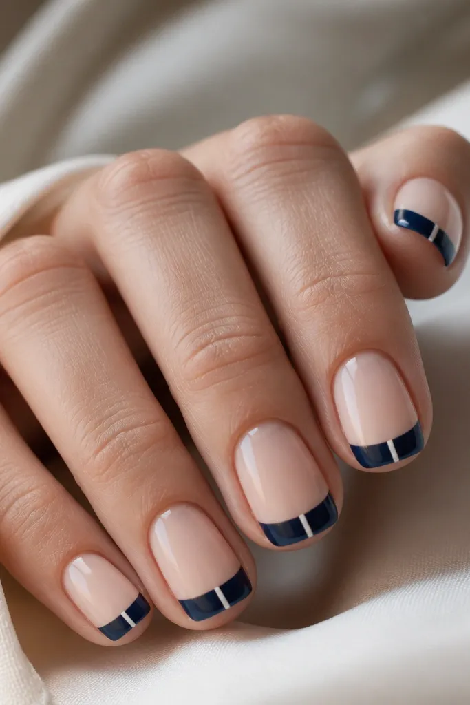 Short square nails in sheer nude base. Navy French tips are medium width. A single thin white stripe runs vertically from the smile line down the center of each tip.
