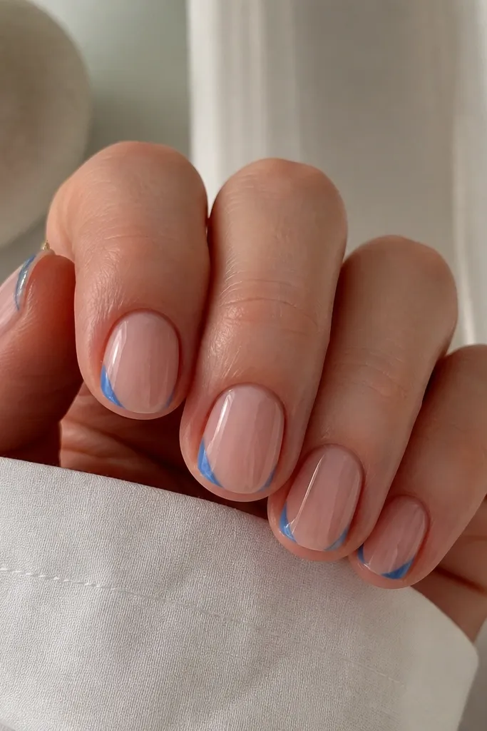 Short rounded nails with milky nude base. Blue French tips appear only as a corner arc at each side, leaving most of the tip area nude.