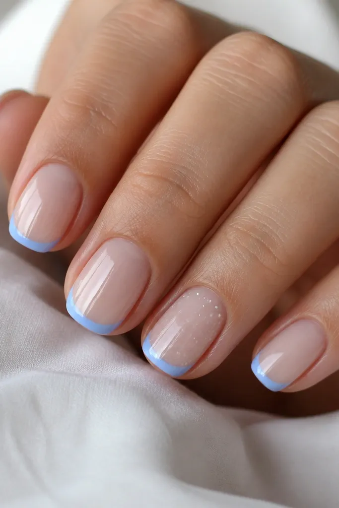 Short squoval nails with sheer nude base. Cornflower blue French tips are narrow. On two nails, there are tiny micro white specks scattered lightly like dew.