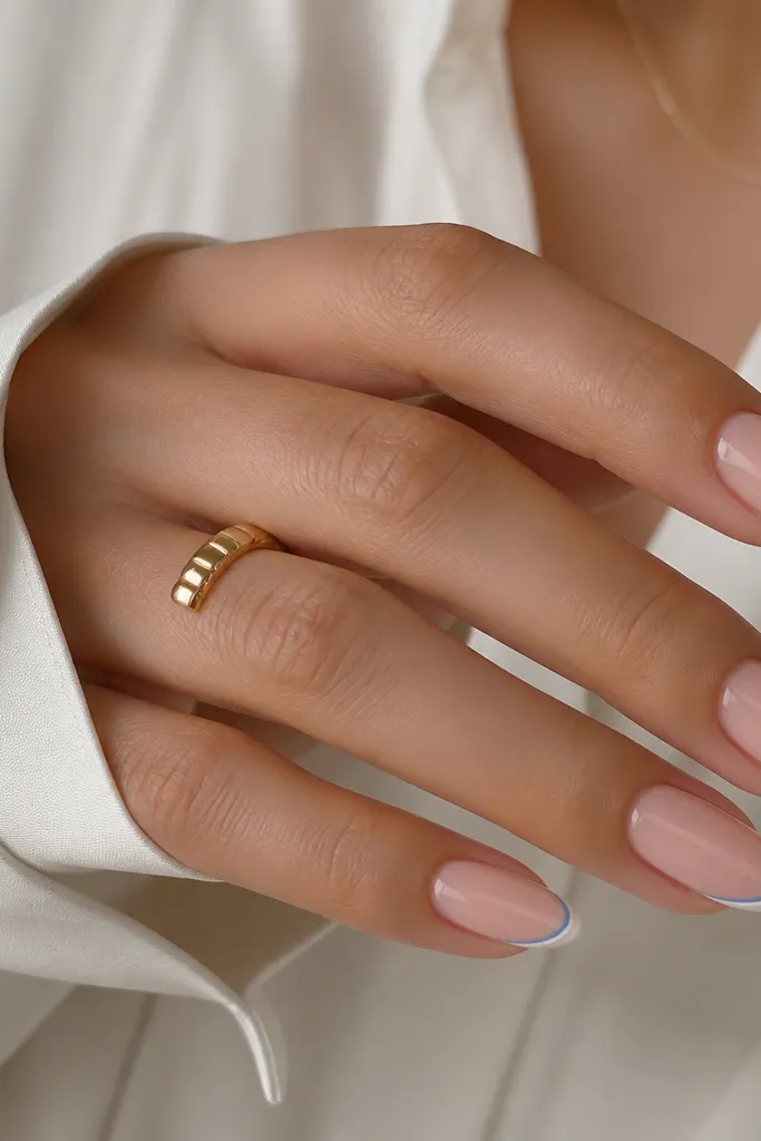 Medium almond nails with sheer pink base. The tip has a slim blue line along the free edge and a slightly thicker white line beneath it, both crisp and minimal.