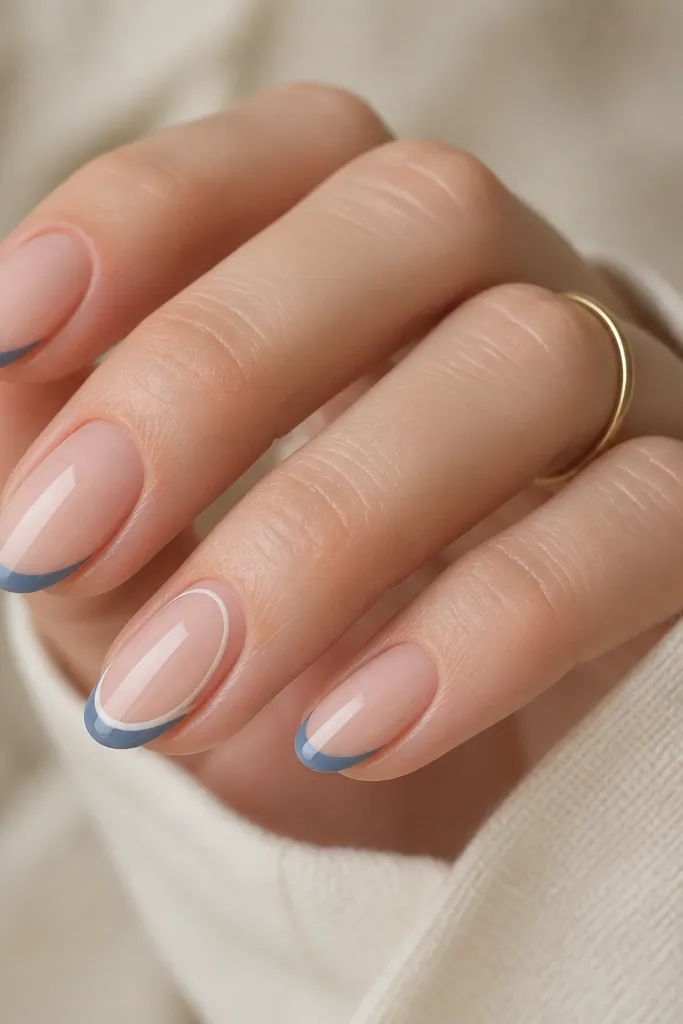 Short almond nails with sheer nude base. Most nails have simple blue French tips. Accent nails have a thin white outline around the smile line, creating a framed look.
