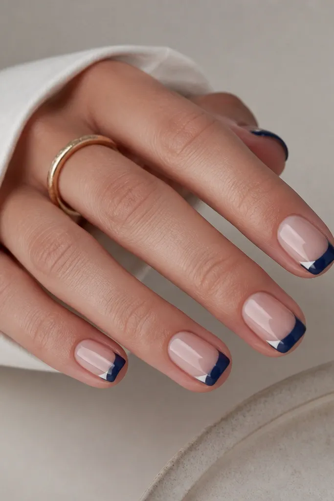 Short square nails with sheer nude base. Deep navy French tips are medium width. Inside corners of the tip have a small white cut shape like a tiny triangle.