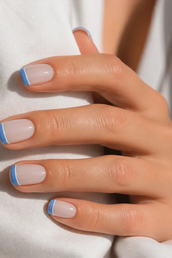 Short squoval nails with sheer milky nude base. Cornflower blue French tips are full coverage, but only the very tip edge has a thin white line.