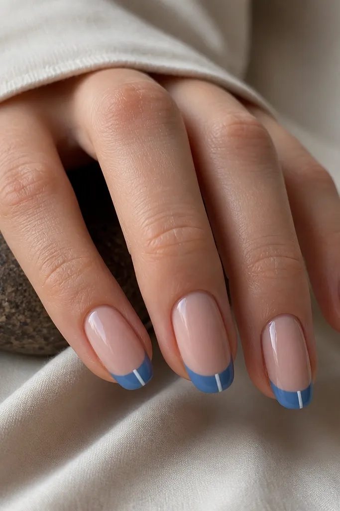 Medium-short nails with sheer nude base. Blue French tips are narrow-to-medium. A white stripe runs vertically down the center of the blue tip, straight and clean.