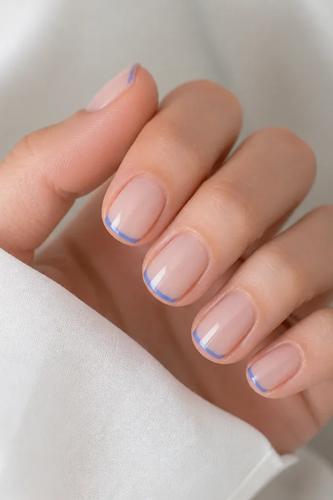 Short square nails painted in sheer milky pink. Blue French tips are tiny and narrow, about 1 mm wide, with a clean curved smile line. The rest of each nail is glossy and smooth.