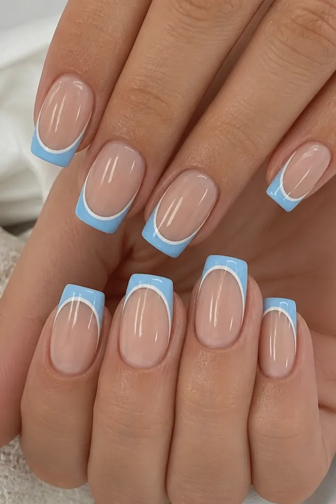 Square nails in a nude-beige base. The French tips are sky blue, and around the blue smile line there's a thin white outline like a border. The outline is even and the nails are glossy.