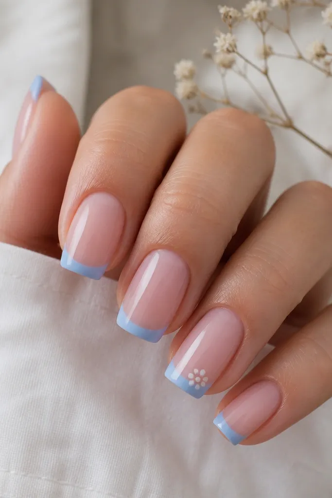 Square nails with a sheer pink base. All nails have blue French tips. The ring finger has a small milky white star made of five dots inside the blue tip area; other nails are plain French. Glossy finish.