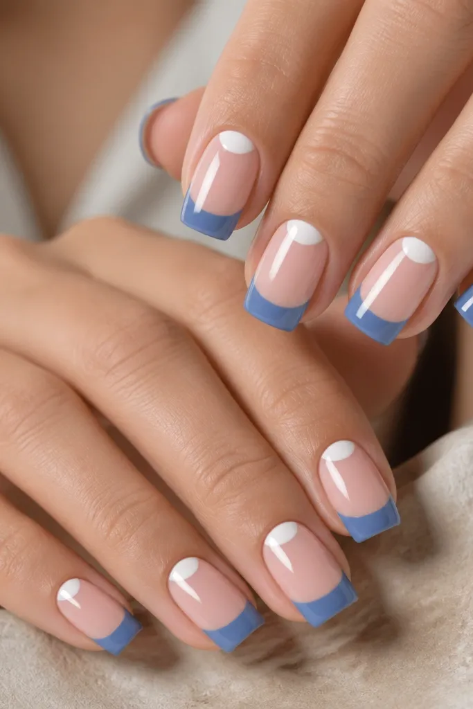 Square nails with a nude base. The tip is blue, and near the smile line there's a white half-moon shape left clean or painted as a half-moon highlight. The half-moon sits centered on each nail. Glossy finish.