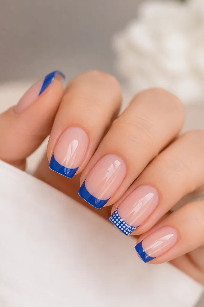 Square nails with sheer pink base. Four nails have solid blue French tips. One accent nail has a tiny white dot grid pattern inside the blue tip area, like a small checker of dots. Glossy finish.