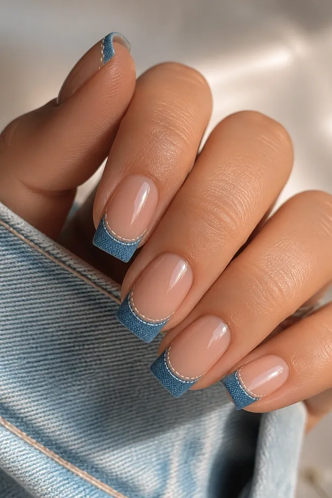 Square nails with a sheer nude base. French tips are denim blue with a slightly textured look. Along the edge of the smile line runs a thin milky white stitch line with tiny gaps, like sewing. Glossy top coat.