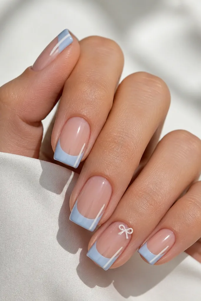 Square nails with nude base. French tips are soft blue. On each tip there's a white half-stripe running vertically from the smile line to the side edge on one nail, and a tiny white bow sits near the base on the ring finger. Glossy finish.