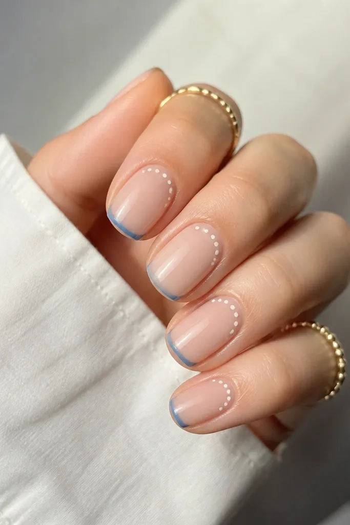 Short squoval nails with a sheer nude base, ultra-thin denim-blue French tips, and a ring of tiny white dots orbiting the outer corner on each nail.
