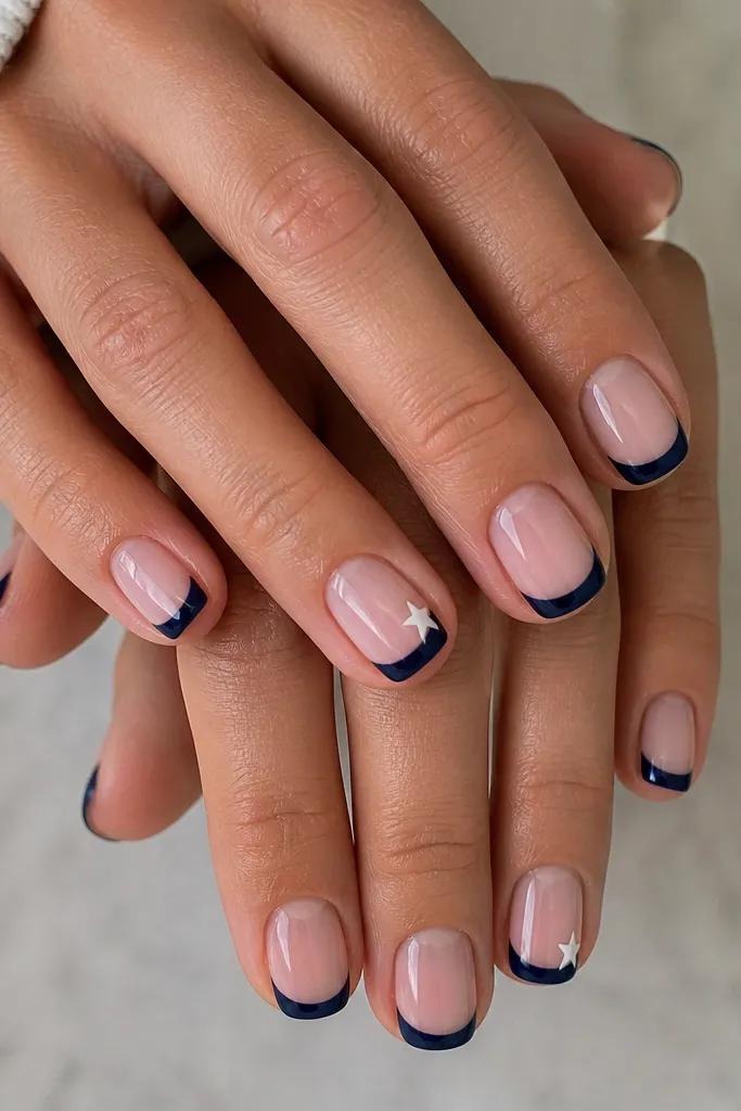 Short squoval nails with a glossy sheer pink base, crisp navy French tips, and one tiny white five-point star placed near the outer edge on two accent nails.