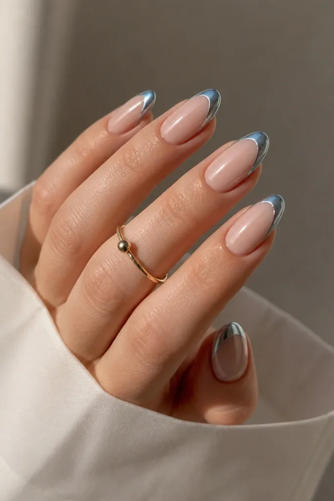 Medium almond nails with nude base, blue chrome French tips, and a thin clear gel outline following the French curve for a glassy border effect.