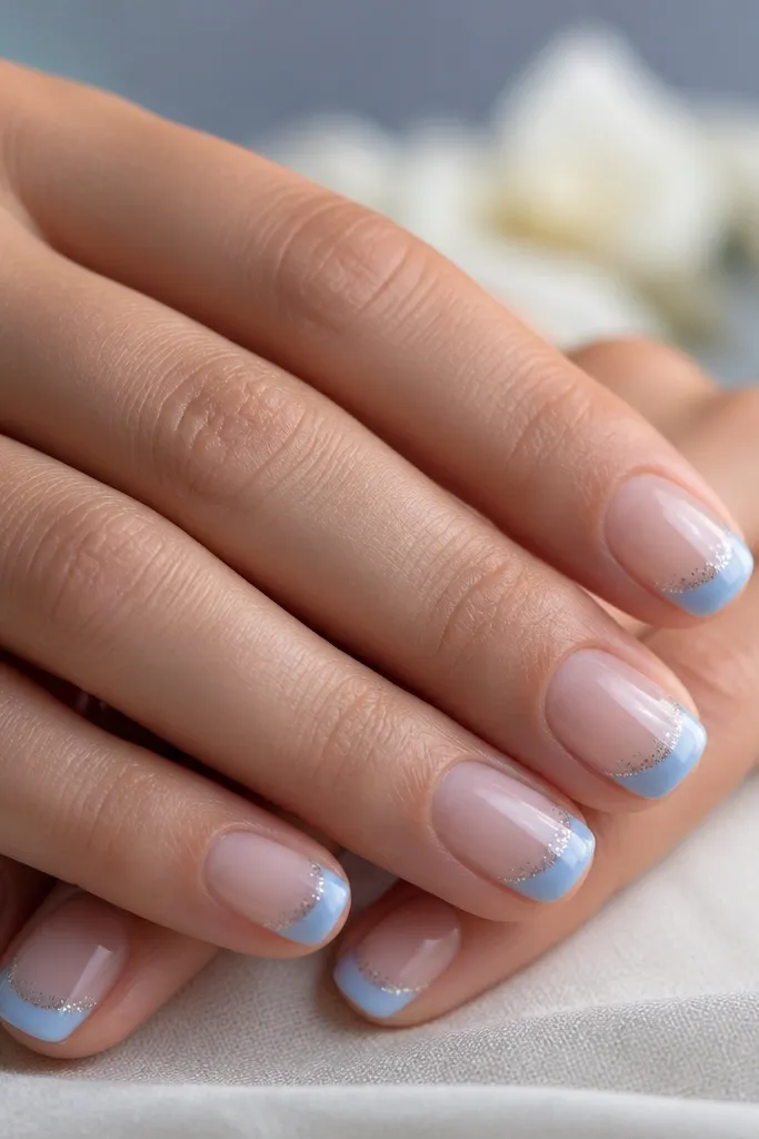 Short to medium nails with powder-blue French tips and a thin line of fine silver glitter that fades toward the center of the nail.
