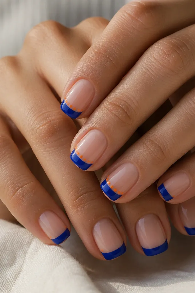 Short squoval nails with cobalt-blue French tips; a thin row of small orange dots runs along the inner edge of the blue on two accent nails.