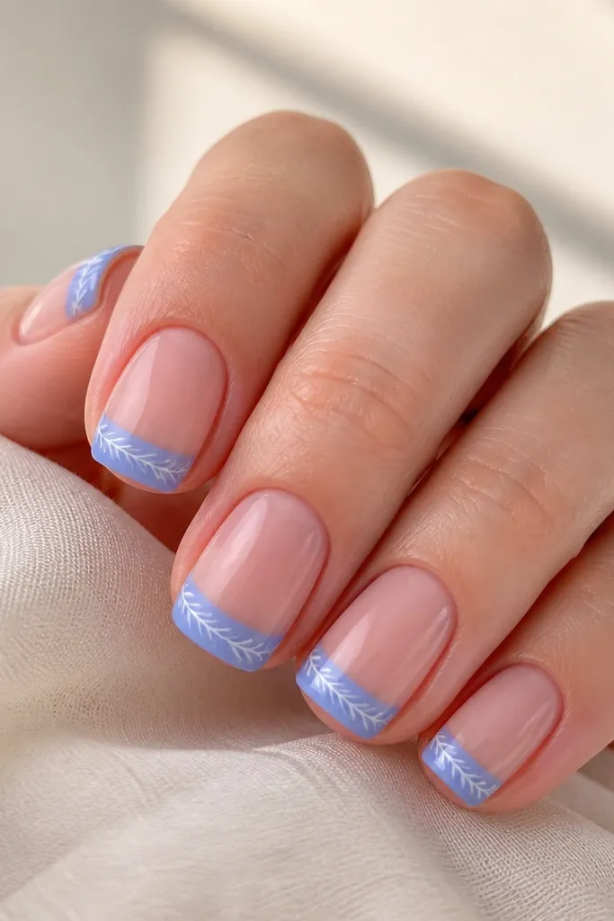 Short squoval nails with periwinkle French tips; each tip has a white feather line design with tiny branch marks.