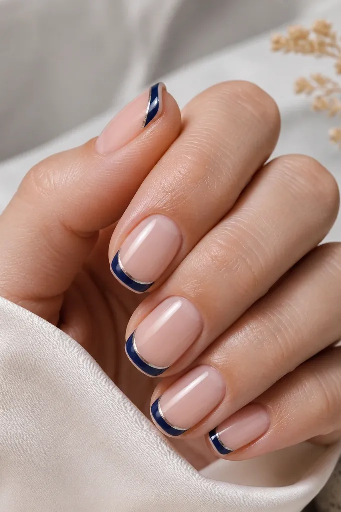 Short squoval nails with navy French tips; a thin silver line runs just inside the blue edge and a second faint silver line follows the outer edge.