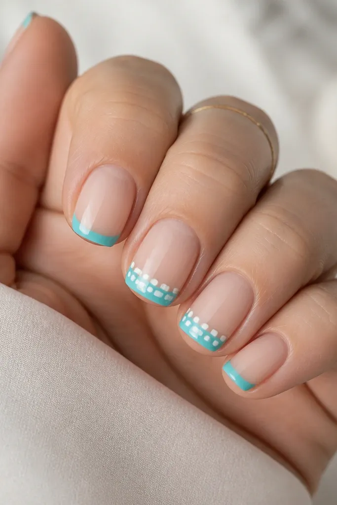 Short squoval nails with turquoise French tips; on two accent nails, white dots form a small checker pattern across the upper part of the blue tip.