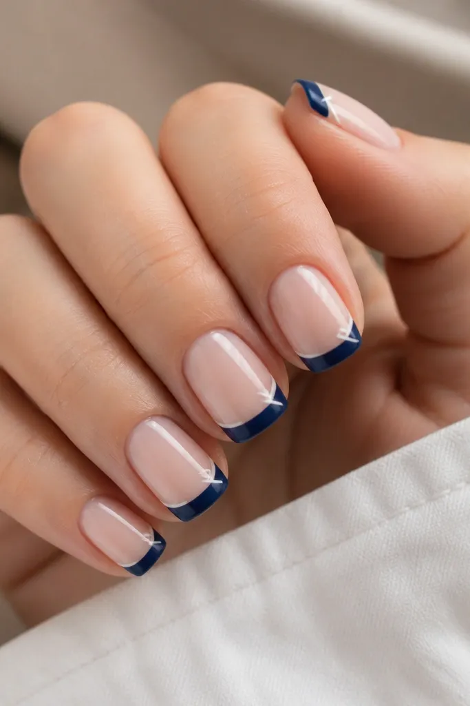 Short squoval nails with navy-blue French tips and a small white chevron drawn at the outer corner pointing inward.