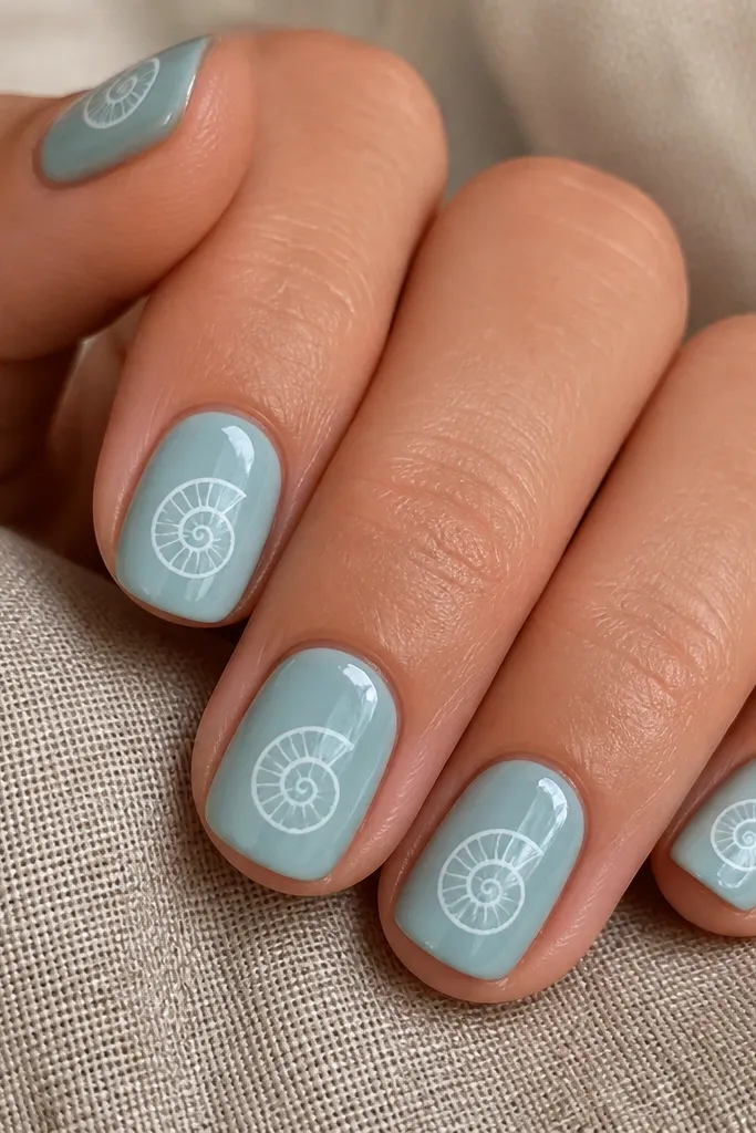 Close-up of short squoval nails painted in milky sea-glass blue. Each nail has a crisp white spiral shell centered, with a tiny curved highlight line near the cuticle and a glossy finish.